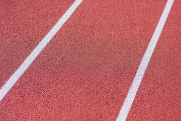 detail of the red tartan surface with white line, sporting terrain, life of the athlete