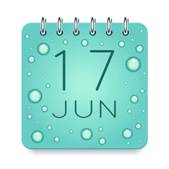 17 day of month. June. Calendar daily icon. Date day week Sunday, Monday, Tuesday, Wednesday, Thursday, Friday, Saturday. Dark Blue text. Cut paper. Water drop dew raindrops. Vector illustration.
