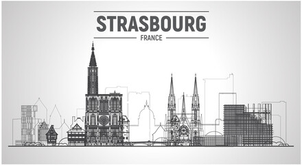 Strasbourg (France) line city skyline vector at white background. Flat vector illustration. Business travel and tourism concept with modern buildings. Image for banner or website. - obrazy, fototapety, plakaty