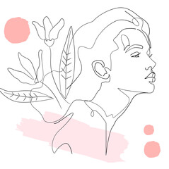 Vector drawing of a girl, flowers. Spring fashionable, line drawing. 