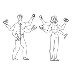 Payment Options For Buying Goods In Shop Black Line Pencil Drawing Vector. Man And Woman Holding Credit Card And Money Cash, Paying Check And Cryptocurrency Coin, Payment Options For Pay.