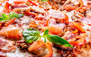 flatbread Pepperoni roman Pizza with Mozzarella cheese, chicken, ham, Tomato sauce, pepper, Spices. Italian pizza on wooden background