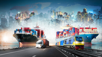 Global business logistics import export of container cargo ship and freight train with red...