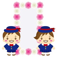 紅白の看板と園児　制服