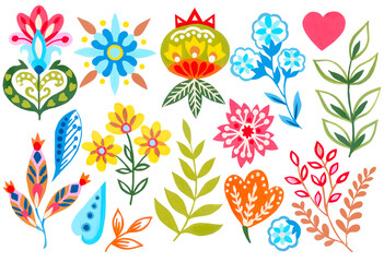 Folk set botanical colorful illustration branch leaf and  flowers abstract Scandinavian style element