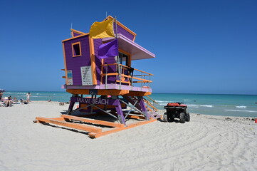 Colorful lifeguard station on Miami Beach, Florida displaying medium hazard and dangerous marine...