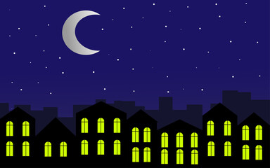 Obraz na płótnie Canvas City at night. Bright moon and stars in the sky. Illustration.