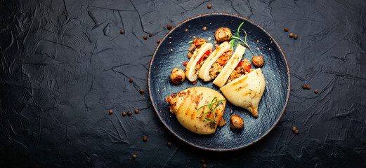 Grilled squid with mushroom, space for text