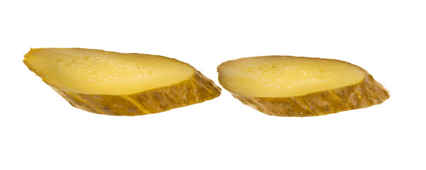 Pieces of pickled cucumber isolated on white background.