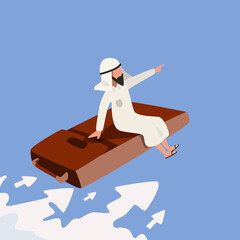 Fototapeta premium Business flat drawing Arabian businessman sitting and flying on leather business briefcase in the sky. Points direction forward. Financial business success and development. Cartoon vector illustration