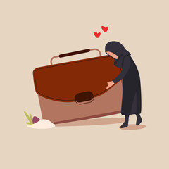 Business flat drawing Arab businesswoman hugs briefcase with money, bonus at work. New position and salary. First paycheck. Happy worker. Successful business pleasure goal. Cartoon vector illustration