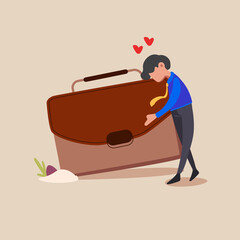 Business concept design businessman hugs briefcase with money, bonus at work. New position and salary. First paycheck. Happy worker. Successful business pleasure goal. Vector illustration flat cartoon