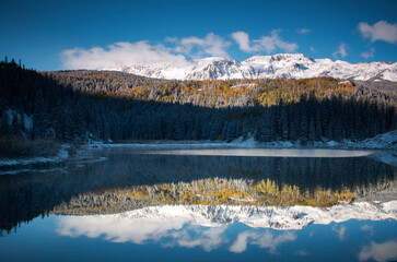 Fototapeta na wymiar San Juan Mountains, Woods Lake, Colorado winter reflection in lake