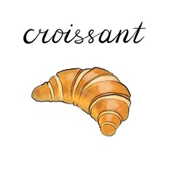 Traditional french croissant, isolated on white background. Drawing croissant on a white background. Raster illustration.