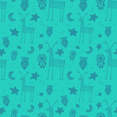 seamless pattern on a blue background with drawings in the style of boho. decorative objects on the theme of sleep