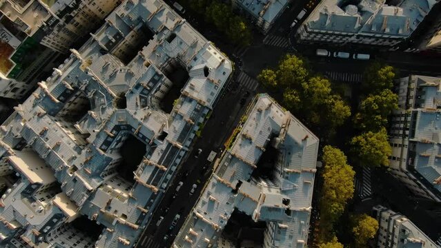 Aerial Paris vertical view of Paris city streets architecture, France buildings architecture at sunset, close up view 