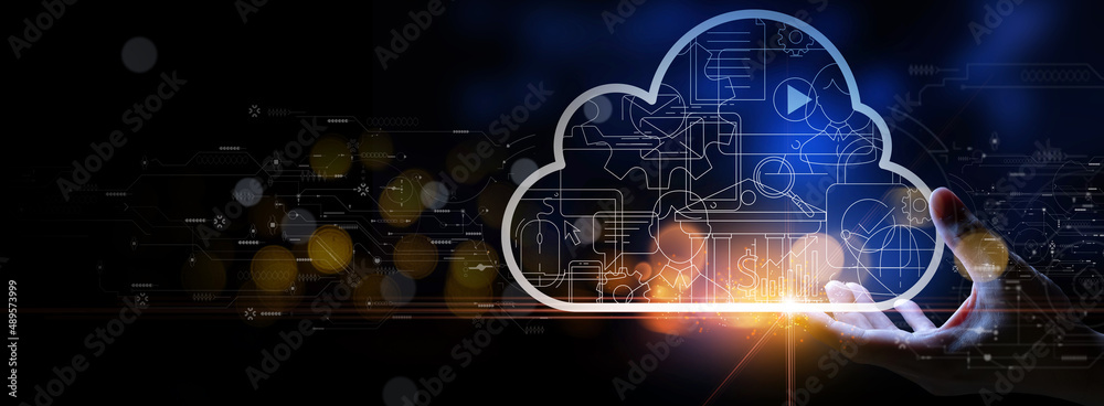 Poster Business hand holding icon Ui of Cloud Computing Technology Internet Storage Network Concept.Cloud server data storage for global business network concept.
