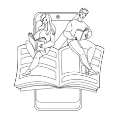 mobile reading phone. online app. Black Line Pencil Drawing Vector. smartphone reading internet media library character web Illustration