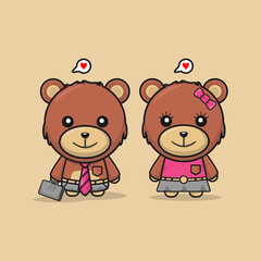 cute funny kawaii couple teddy bear cartoon mascot vector illustration 