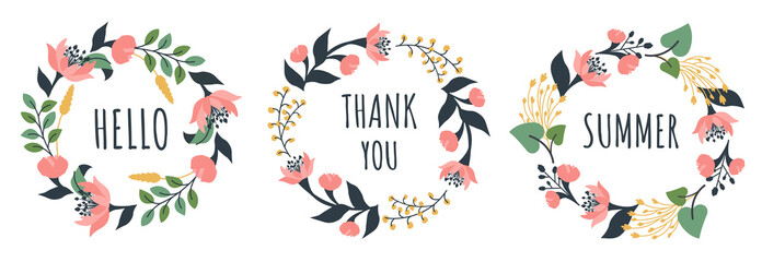 Set of flower wreaths. Beautiful floral with blooms, leaves, herbal plants, wildflowers. Floristic template for greeting, card, Women's Day, Mother's Day, beauty industry. Vector cartoon illustration