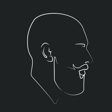 White linear silhouette of a bearded man. Flat illustration of male face. Linear portrait. Guy with beard. Linear head icon. Portrait of a bald man.