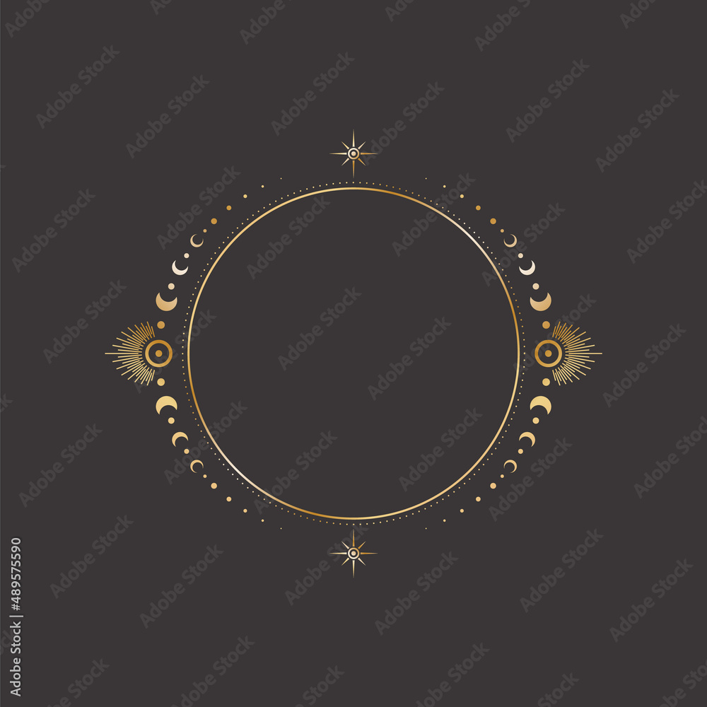 Wall mural vector mystical celestial frame with a golden stars, moon phases and copy space. ornate round shiny 