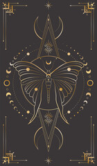 Vector mystic celestial background with golden outline insect, frame with arrow, stars, moon phases and crescents. Occult linear backdrop with a magical butterfly. Sacred geometric tarot card cover