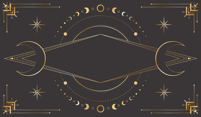 Vector celestial background with ornate geometric frame, stars, moon phases, dotted circles and outline crescents. Mystic golden linear banner with magical symbols and copy space. Cover for tarot card - obrazy, fototapety, plakaty