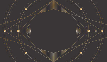 Vector mystic dark celestial background with golden outline frame, stars, dotted radial circles and rhombus copy space. Occult linear backdrop with a magical symbols. Sacred geometric tarot card cover - obrazy, fototapety, plakaty