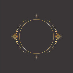 Vector mystical celestial frame with a golden stars, moon phases and copy space. Ornate round shiny magical isolated design element with crescents and place for text © Murhena