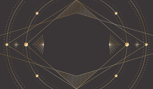 Vector mystic dark celestial background with golden outline frame, stars, dotted radial circles and rhombus copy space. Occult linear backdrop with a magical symbols. Sacred geometric tarot card cover