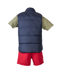  sleeveless jacket, t-shirt and sports shorts  isolated on white background. Valid clothes for cool...