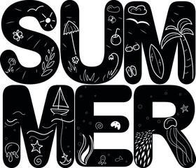 small white icons on big black letters summer