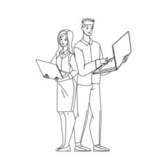 it manager man woman. work team. Black Line Pencil Drawing Vector. office project. teamwork strategy. company job character web Illustration