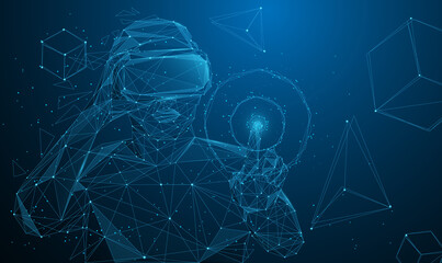 Man wear virtual reality VR goggle on metaverse digital cyber world technology and game and playing entertainment NFT game futuristic lifestyle in Low polygon, particle, and triangle style design.