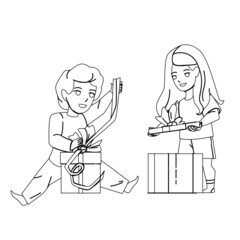 Boy And Girl Children Opening Gift Boxes Black Line Pencil Drawing Vector. Schoolgirl And Schoolboy Kids Open Gift Cardboards On New Year Or Birthday Party. Characters Schoolchildren With Present