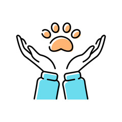 Pet shelter, pet shop, veterinary line icon, human hands holding animal paw, vector illustration