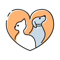 Pet shelter, pet shop, veterinary line icon, cat and dog in heart shape, vector illustration