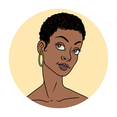 Beautiful young black woman with short hair portrait, vector illustration