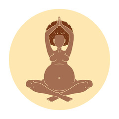 Pregnant black woman sitting down in lotus pose meditating. Pregnancy icon image in minimalisic style. Vector illustration