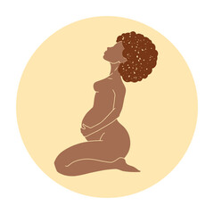 Pregnant black woman sitting down holding her belly. Pregnancy icon image in minimalisic style. Vector illustration