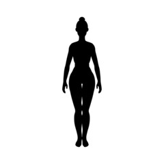 Woman figure standing, black silhouette, front view of female body. Vector illustration