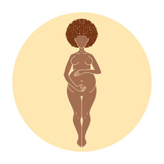 Pregnant black woman standing holding her belly. Pregnancy icon image in minimalisic style. Vector illustration