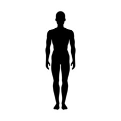 Man figure standing, black silhouette, front view of male body. Vector illustration