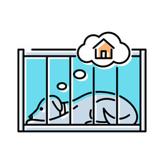 Pet shelter line icon, dog in cage dreaming of home, vector illustration