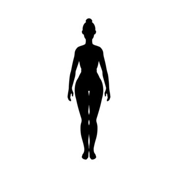Woman figure standing, black silhouette, front view of female body. Vector illustration