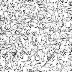 seamless pattern with leaves flowers pomegranates and birds black and white outline illustration