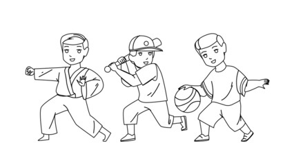 Boys Kids Playing And Training Sport Game Black Line Pencil Drawing Vector. Little Schoolboys Exercising Karate, Play Baseball And Basketball Sport Game With Ball. Characters Sportive Activity