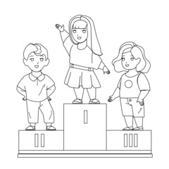 Children Celebrate Victory In Competition Black Line Pencil Drawing Vector. Boy And Girl Kids Standing On Pedestal And Celebrating Victory In Sport Championship. Characters Winners In Sportive Game