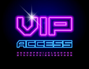Vector electric emblem Vip Access. Purple Neon Font. Glowing Led Alphabet Letters and Numbers set